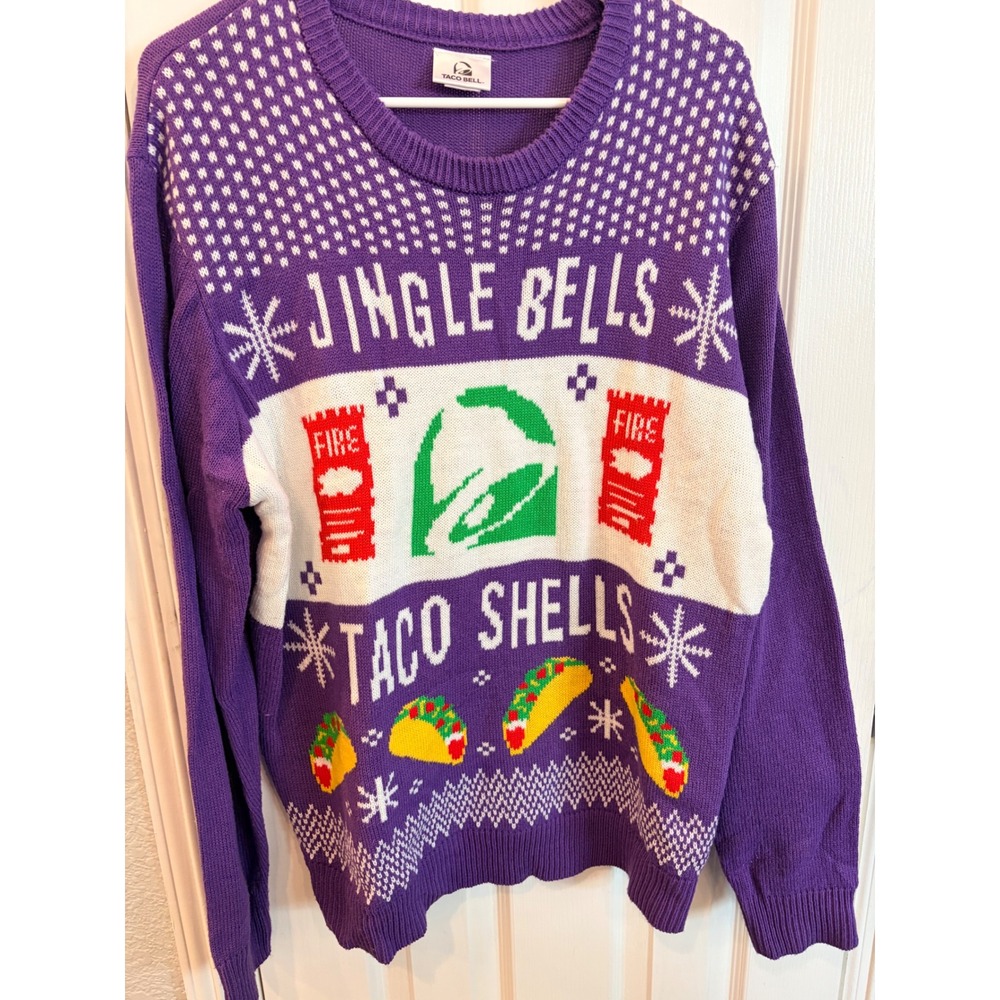 Taco Bell Holiday Sweater Purple Jingle Bells Taco Shells Fire Sauce Graphic XL